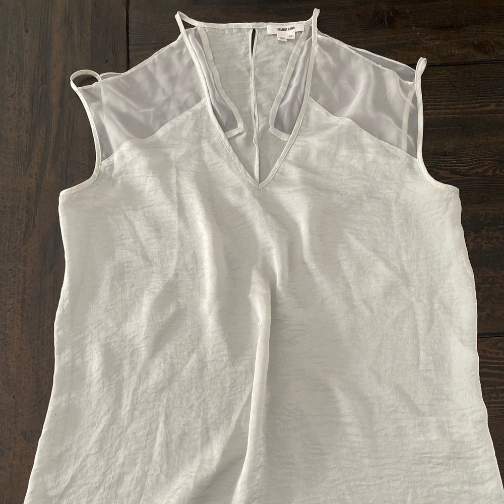 Helmut Lang crinkle silk top in silver.